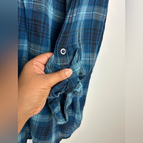 Dressbarn Blouse Top Women 2X Striped Flannel Metallic Holliday Button Down Blue - Picture 6 of 9